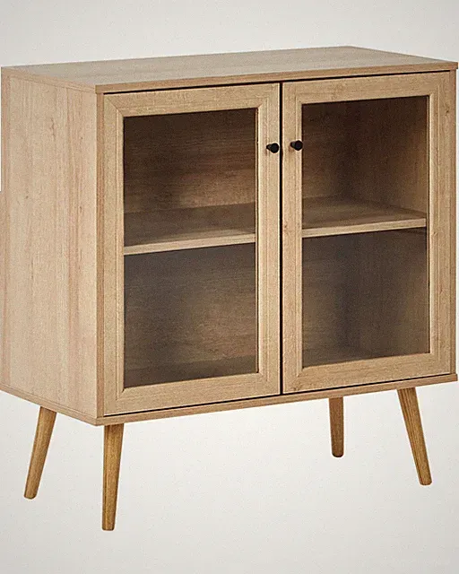 Sideboard mit 2 Türen und 1 Regal Spanplatte Kiefernholzbeine Glasfront Helles H