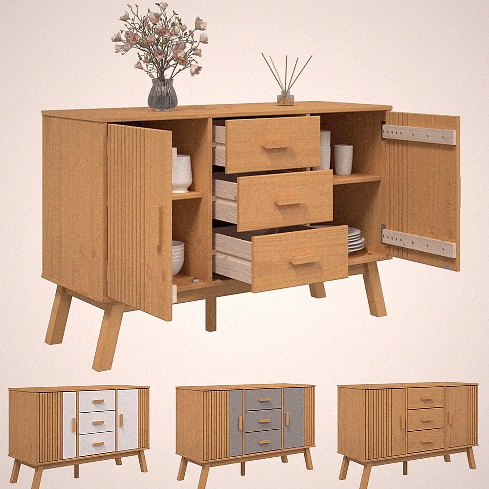 Sideboard mit 3 Schubladen 2 Fächern Massivholz Kiefer Kommode 114x43x73,5 cm