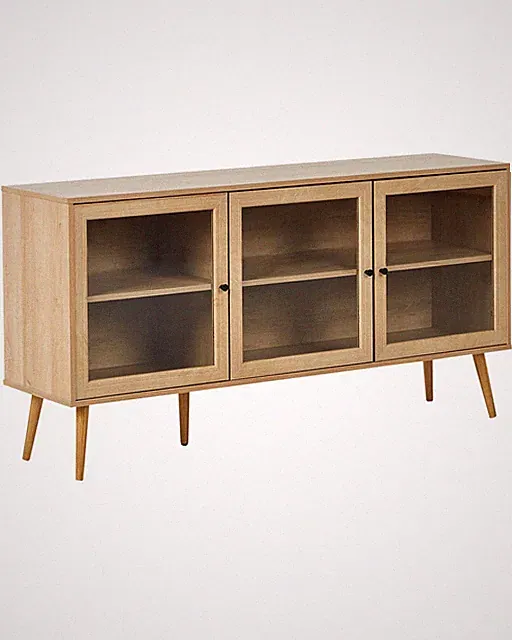 Sideboard mit 3 Türen und 2 Einlegeböden Spanplatte Kiefernholzbeine Glasfront