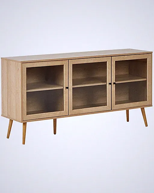 Sideboard mit 3 Türen und 2 Einlegeböden Spanplatte Kiefernholzbeine Glasfront H