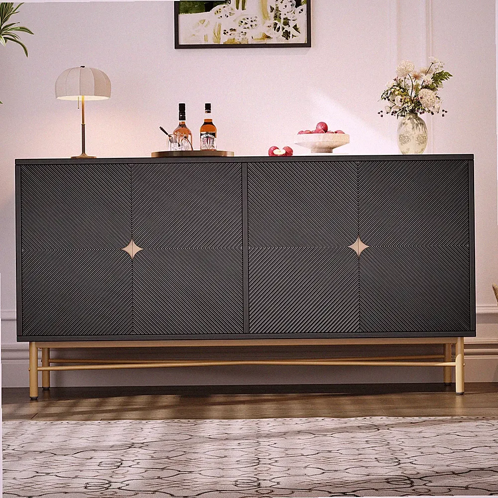 Sideboard mit Erhabener Textur, Schrank mit Vier Türen Goldene Gebürstete Griffe