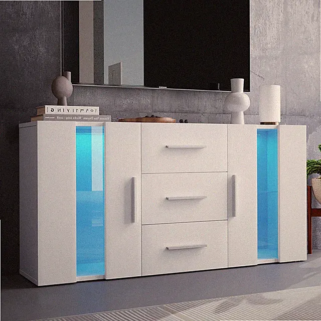 Sideboard mit LED-Leuchten Kommode Highboard 3 Schubladen Schrank Anrichte Weiß