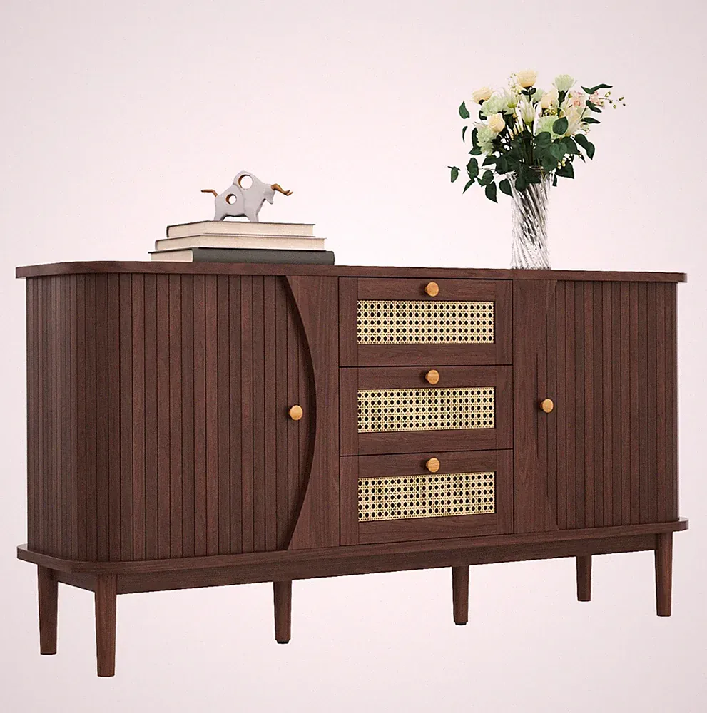 Sideboard Rattangeflecht Kommode Anrichte mit 3 Schubladen 2 Schiebetüren Oval