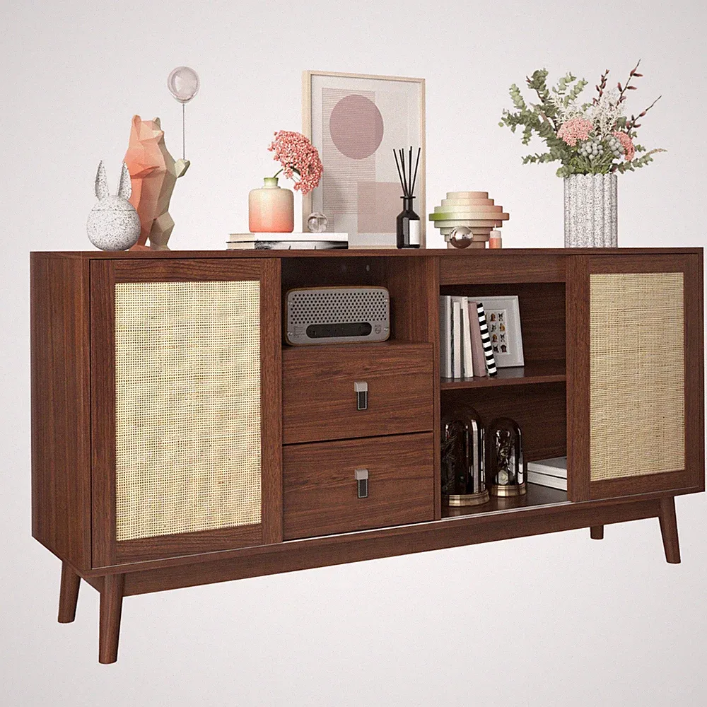Sideboard Retro Kommode mit 1 Offenem Fach, 2 Schubladen, 3 Rattan-Schiebetüren