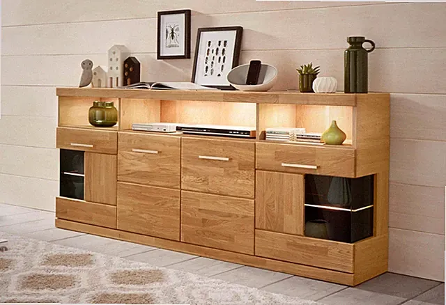 Sideboard Ribe Vitrine Kommde Eiche Teilmassiv B.180cm HOME AFFAIRE