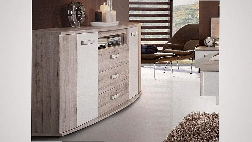 Sideboard Rondino Anrichte in Sandeiche und weiß Hochglanz inkl. LED-Beleuchtung