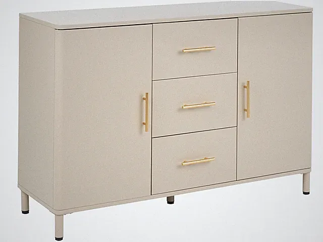 Sideboard Stahl beige mit 2 Türen und 3 Schubladen goldene Griffe minimalistisch
