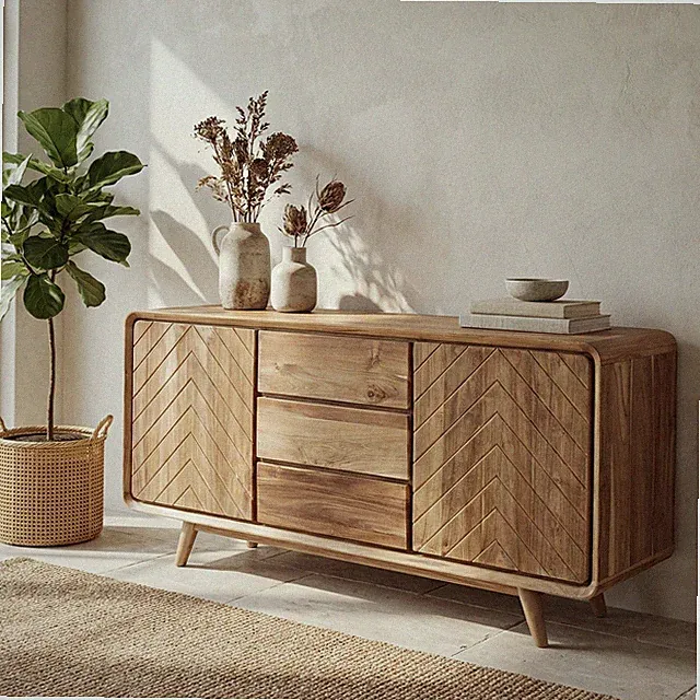 Sideboard Teakholz 150cm Chevron Fischgrät 3 Schubladen Massiv Boho Unikat