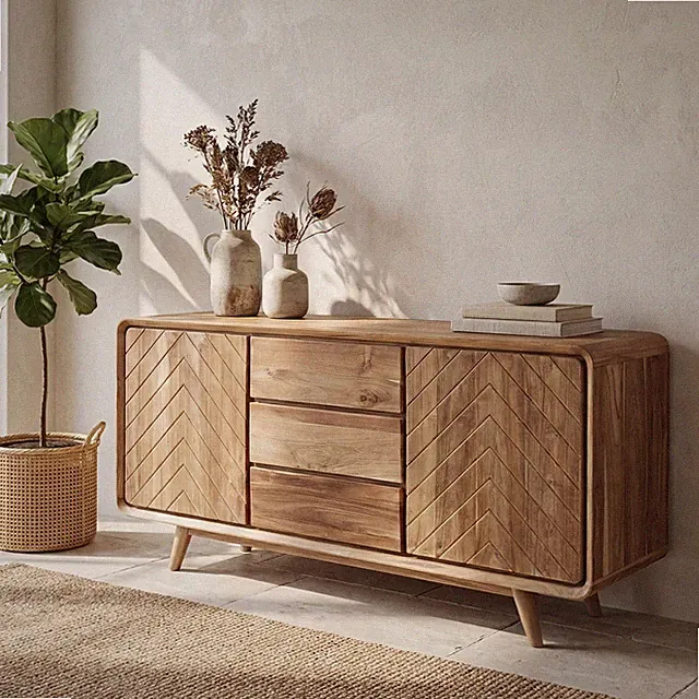 Sideboard Teakholz 150cm Chevron Fischgrät 3 Schubladen Massiv Boho Unikat