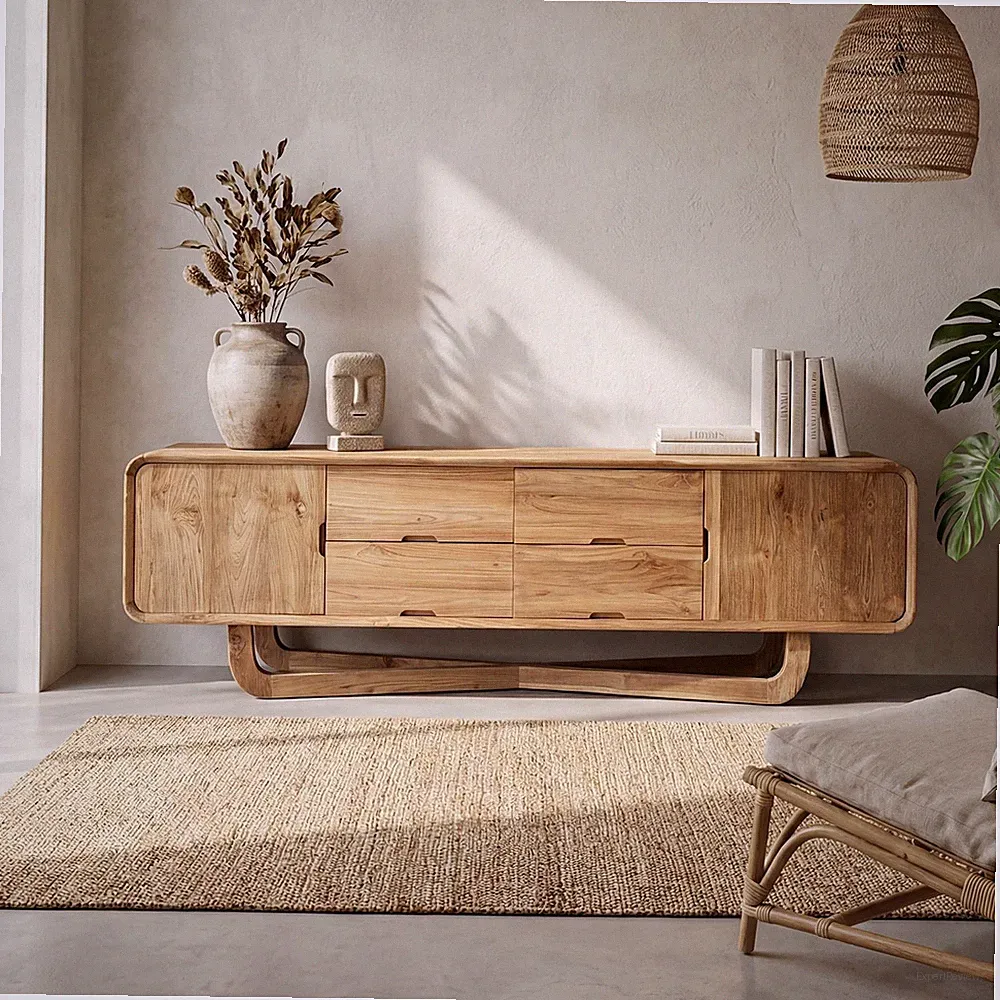 Sideboard Teakholz 200cm Bogengestell 4 Schubladen Massiv Boho Unikat Java