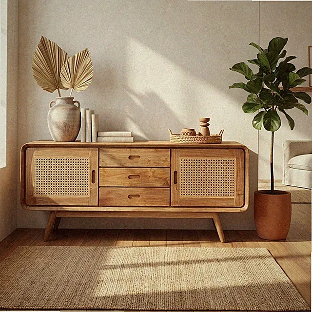 Sideboard Teakholz Rattan 150cm Kommode Retro Boho Unikat Indonesien Massiv