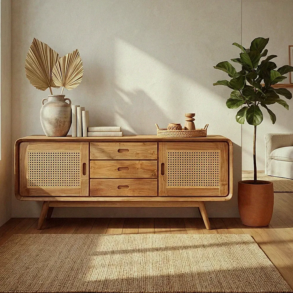 Sideboard Teakholz Rattan 150cm Kommode Retro Boho Unikat Indonesien Massiv
