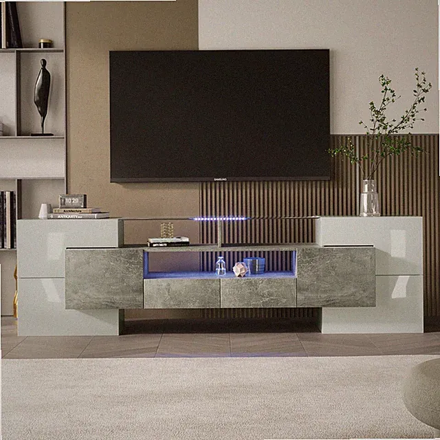 Sideboard TV-Schrank Lowboard mit 2 Schubladen LED-Beleuchtung Hochglanz 200 cm