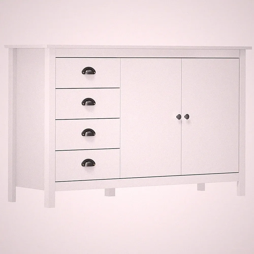 Sideboard Weiß 130x40x80 cm Massivholz Holz Kiefer 4 Schubladen 2 Türen Kommode