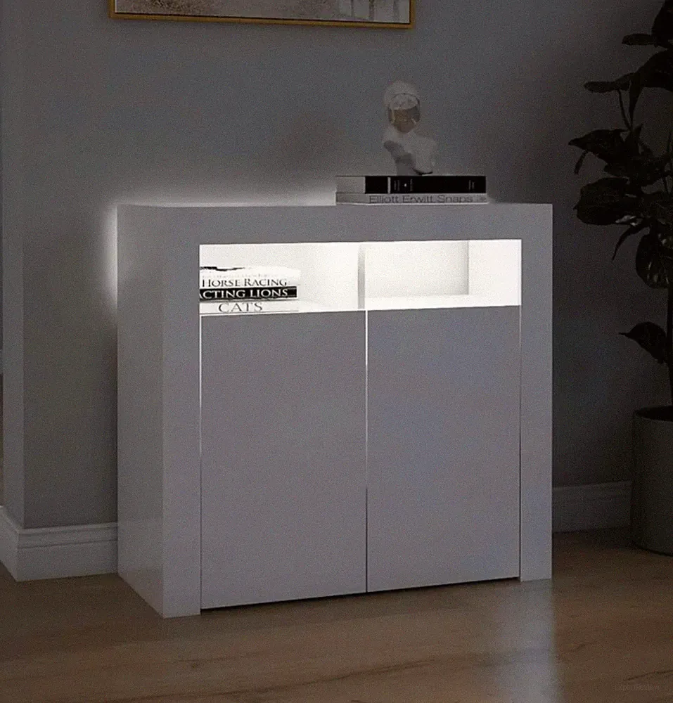 Sideboard Weiß 80x35x75cm RGB LED Leuchten Holz Kommode Hochglanz