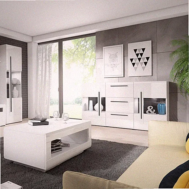 Sideboard weiß Hochglanz Set, mit Vitrine und Couchtisch inkl. LED Beleuchtung