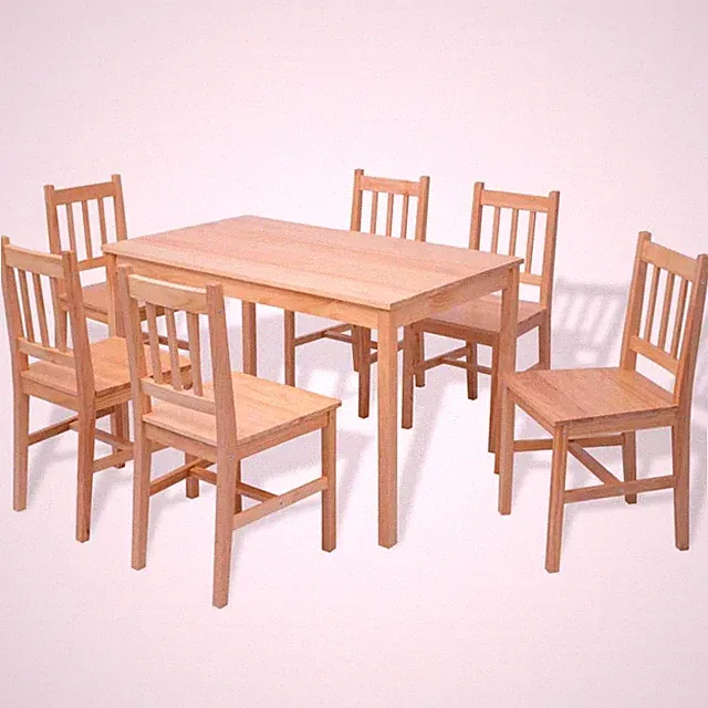 Siebenteiliges Esstisch-Set aus massivem Pinienholz | Essgruppe, Esszimmerset, E