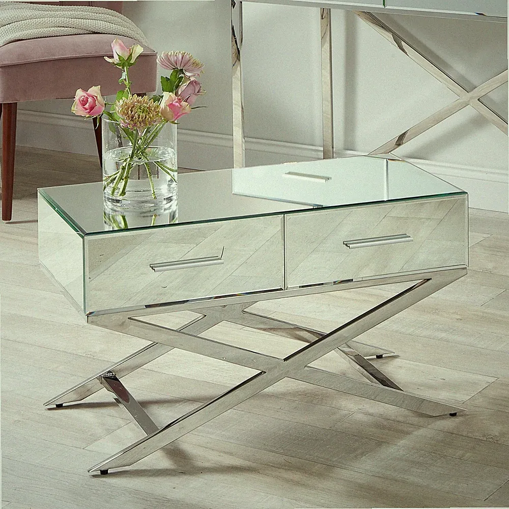 Silber Glas Couchtisch verspiegelte Platte gekreuzte Beine Wohnzimmer kleiner Beistelltisch