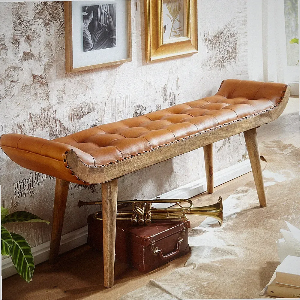 Sitzbank FineBuy Flurbank Chesterfield Echtleder Polsterbank 125x50x38 cm Bank