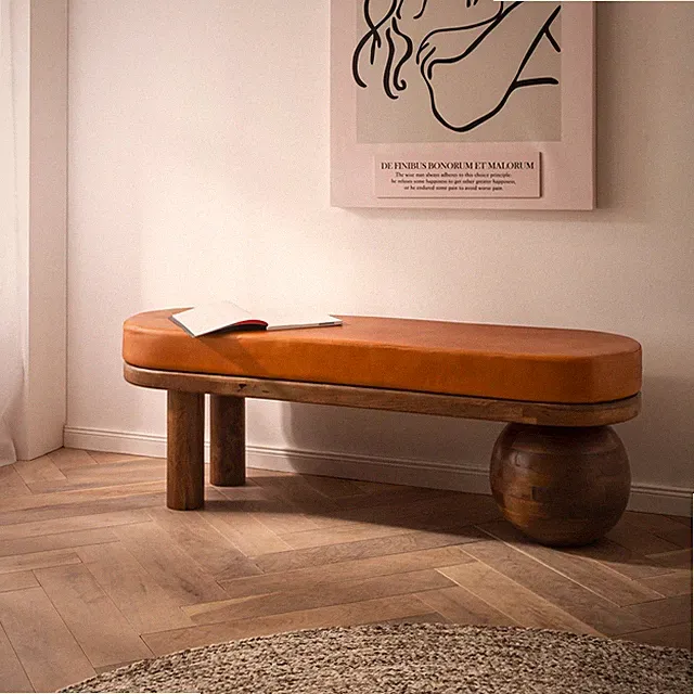 Sitzbank FineBuy Flurbank Echtleder Holz Massiv 140 cm Polsterbank Bank Braun