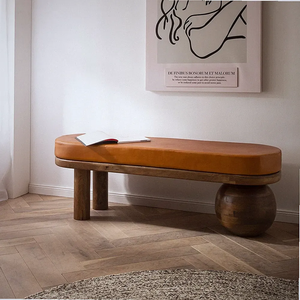 Sitzbank FineBuy Flurbank Echtleder Holz Massiv 140 cm Polsterbank Bank Braun