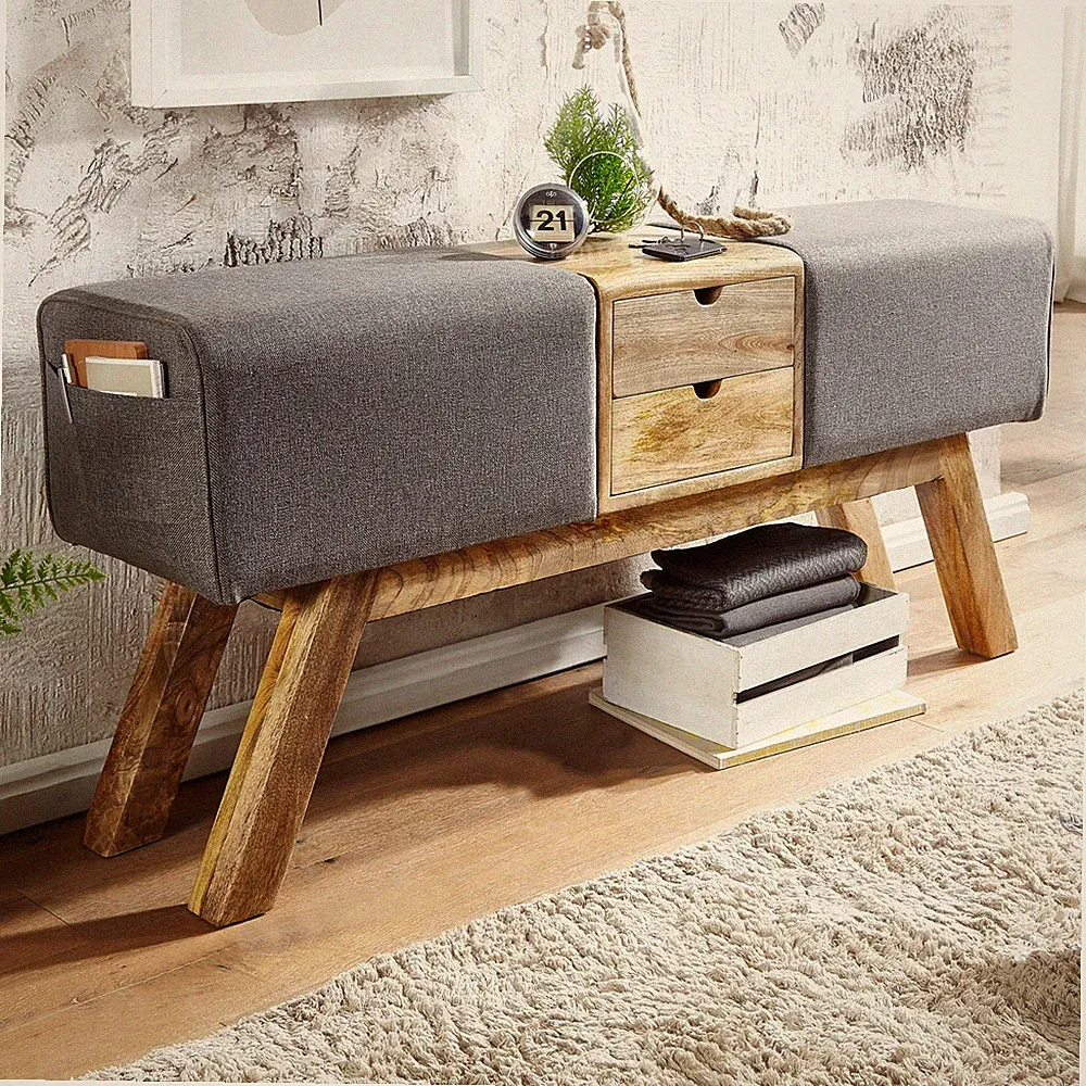 Sitzbank FineBuy Turnbock Stoff 120 cm Grau Springbock Stauraum Turnhocker Bank