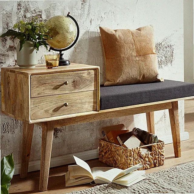 Sitzbank gepolstert 120cm Massivholz Stoff Schublade Garderobenbank Flurbank