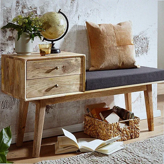 Sitzbank gepolstert 120cm Massivholz Stoff Schublade Garderobenbank Flurbank