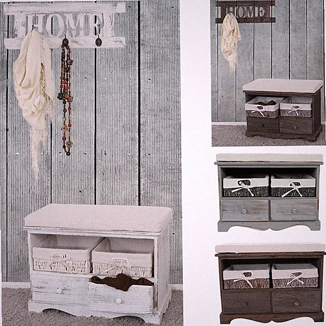 Sitzbank Kommode mit 2 Körben + Garderobe, Shabby-Look, Vintage, Weiß Braun Grau