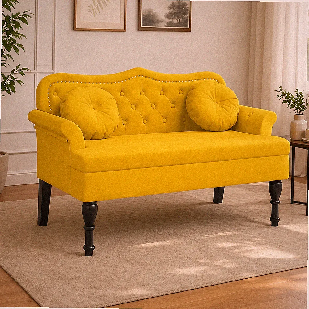 Sitzbank Samt Gelb 120cm Polsterbank mit Armlehnen Chesterfield Stil Sofa