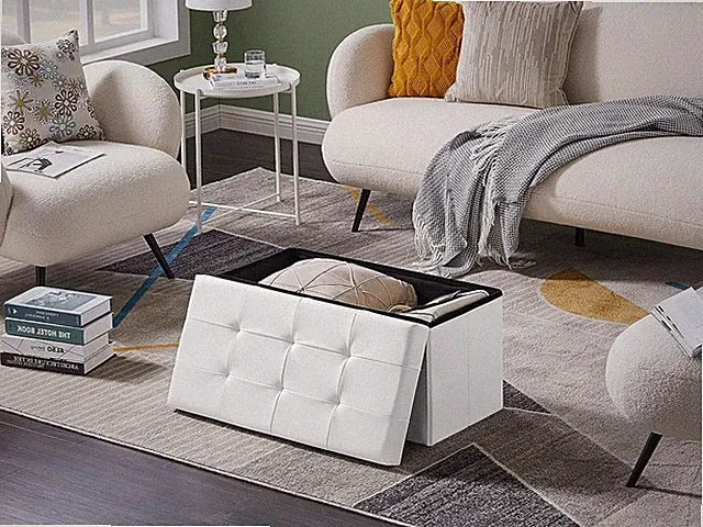 Sitzbank, Sitzhocker, Fußhocker, Sitztruhe faltbar mit Stauraum(Weiß Kunstleder)