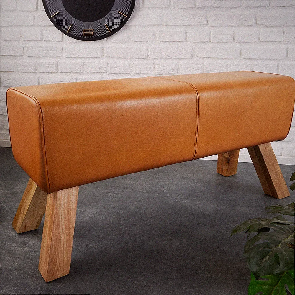 Sitzbank TURNBOCK 100cm cognac Echtleder Mangoholz Retro Sitzhocker Lederbank