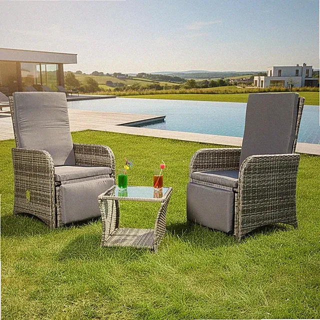 Sitzgarnitur Grau 2 Sessel + Tisch Polyrattan Lounge Garnitur Gartenmöbel