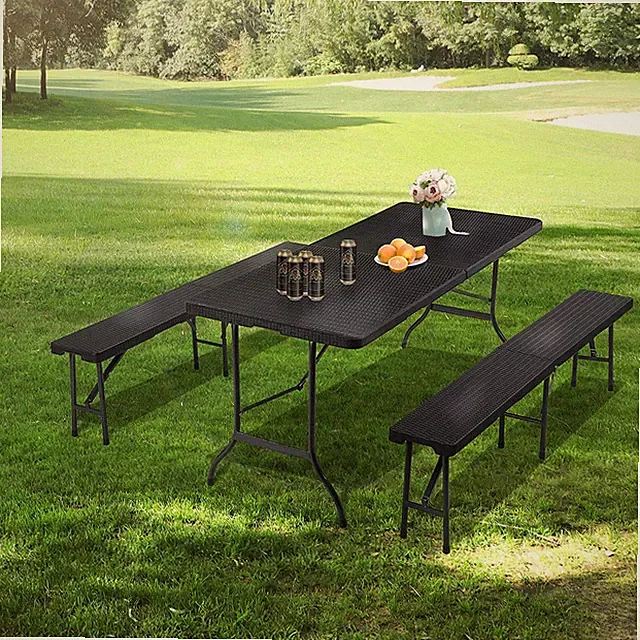 Sitzgarnitur Klapptisch Bank-Set, Rattan Optik Sitzgruppe Koffertisch klappbar