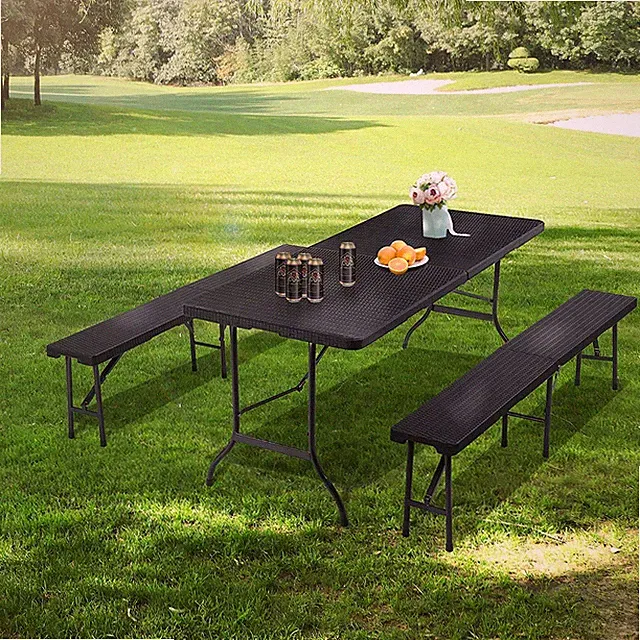 Sitzgarnitur Klapptisch Bank-Set, Rattan Optik Sitzgruppe Koffertisch klappbar