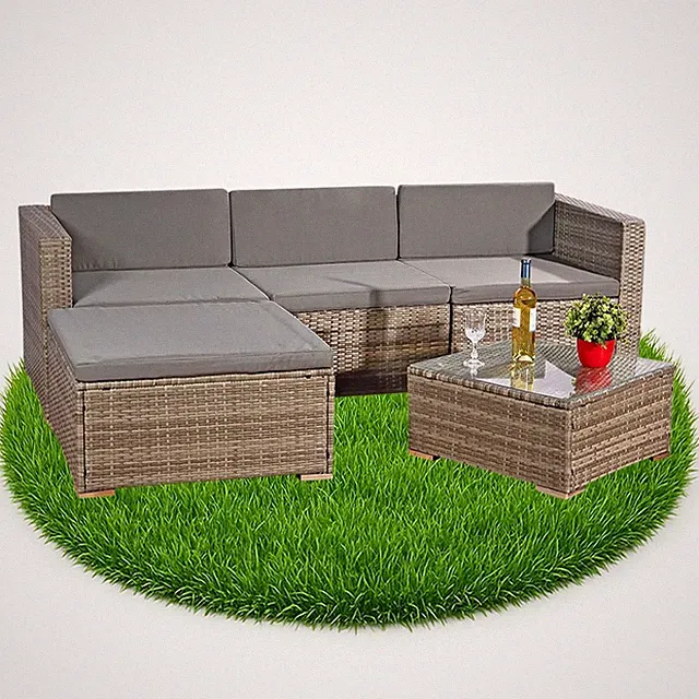 Sitzgruppe 5tlg. Garten Ecksofa Lounge + Tisch + Polster Rattanmöbel Grau Set