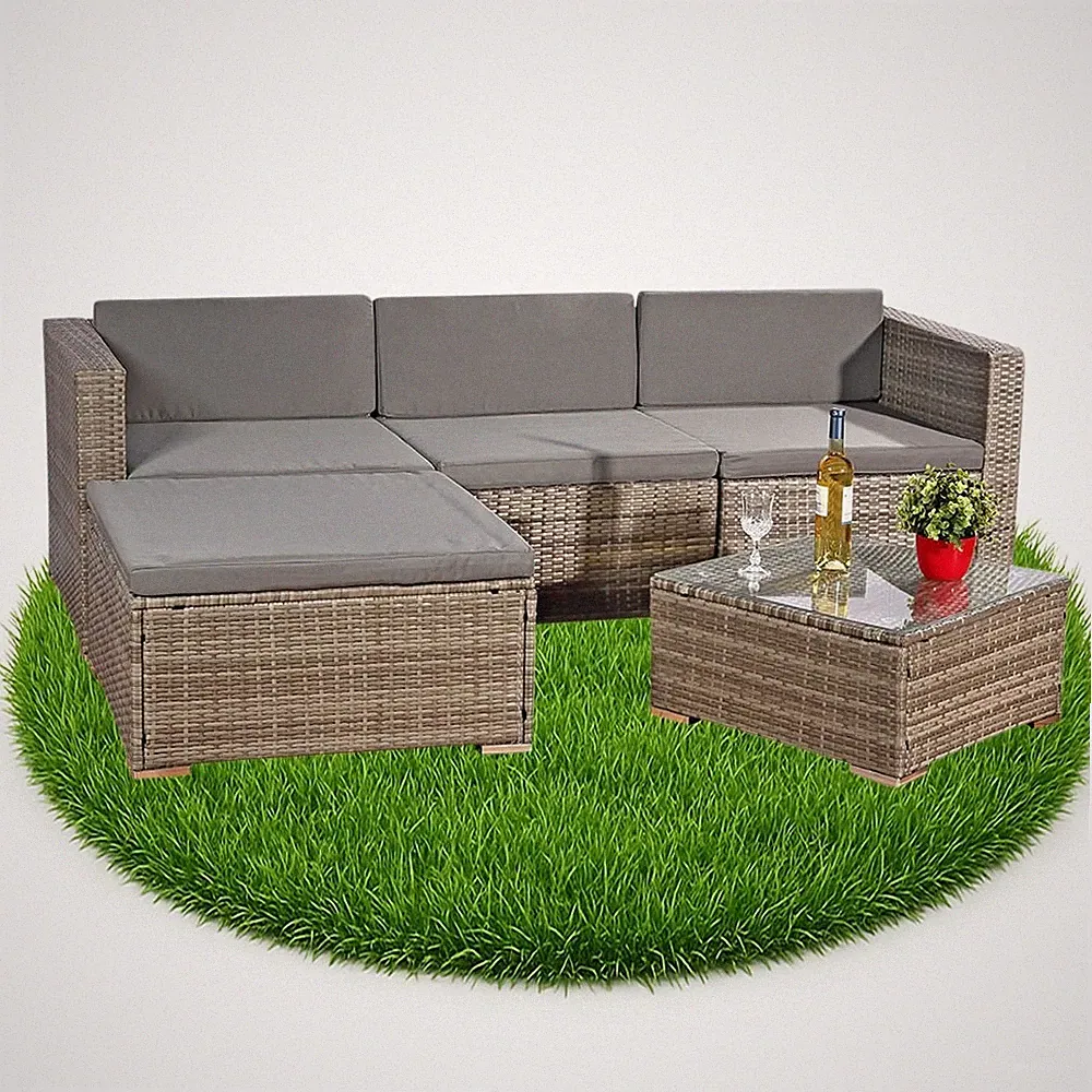 Sitzgruppe 5tlg. Garten Ecksofa Lounge + Tisch + Polster Rattanmöbel Grau Set