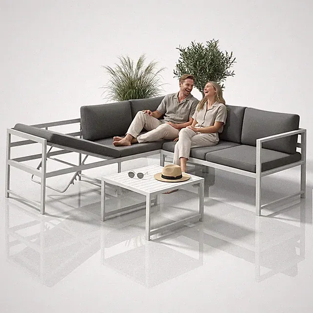 Sitzgruppe Aluminium Lounge Ecksofa mit Liegefunktion wetterfest Weiß Tisch