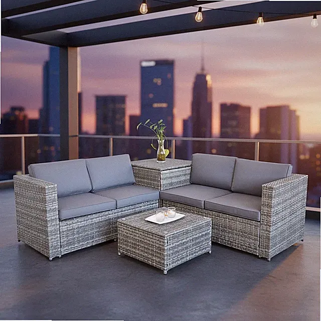 Sitzgruppe + Auflagenbox Polyrattan Grau Gartenset Sitzgarnitur Lounge Sofa 🏖️