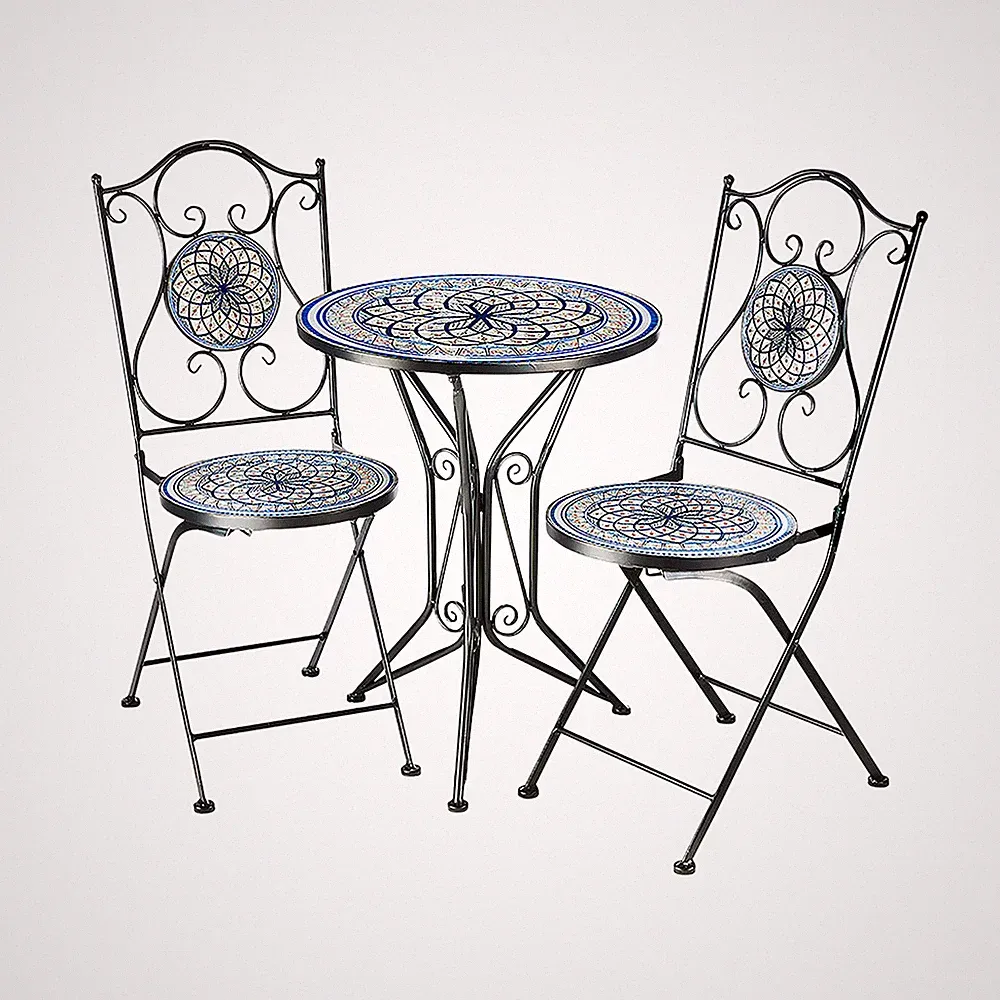 Sitzgruppe Gartenmöbel Mosaikoptik - 1 Tisch - 2 Stühle - Metall - blau-weiß