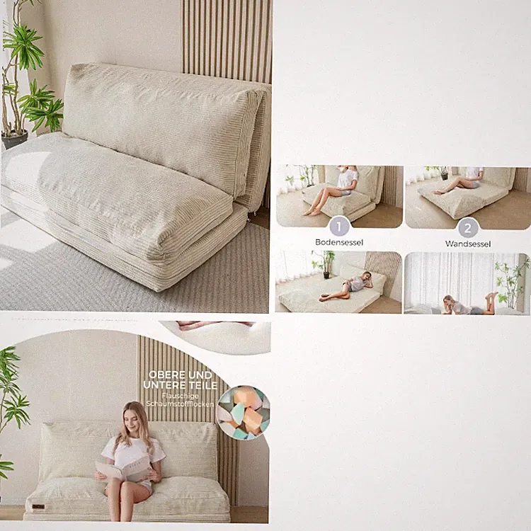 Sitzsack-Bett Bodenmatratze 4-Fach gefaltet Cordsamt Beige 7