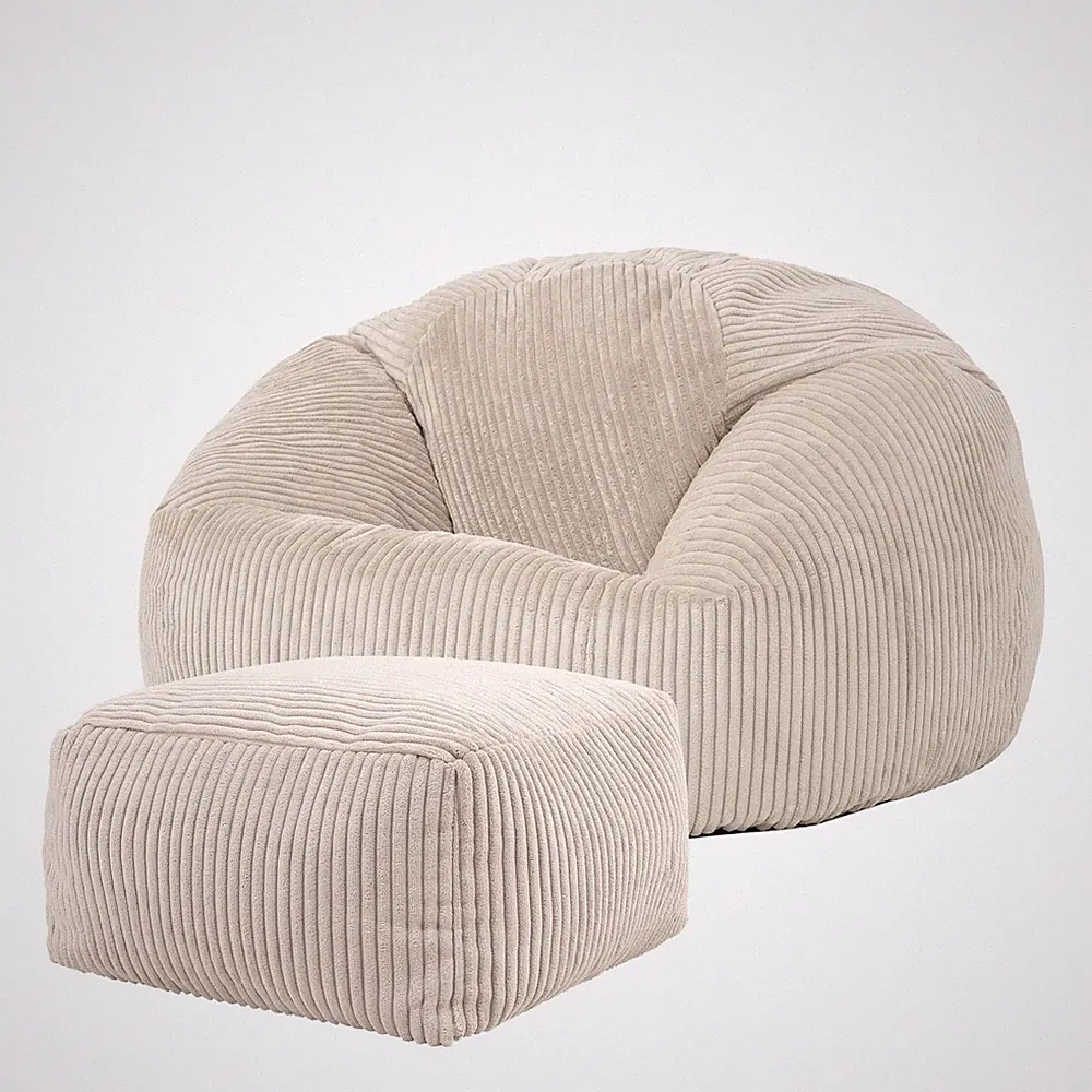 Sitzsack Icon Kingston Beige mit Hocker – flauschig für Erwachsene