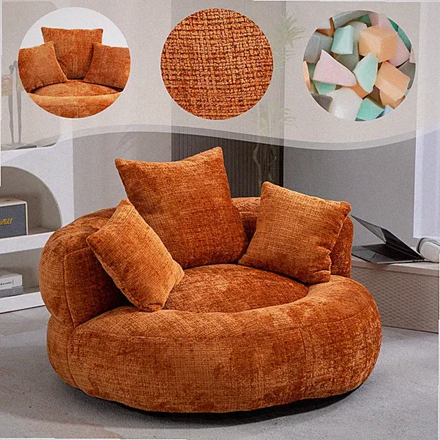 Sitzsack Orange Chenille mit 3 Kissen hoher Rücken für Wohnzimmer 108x108x52cm