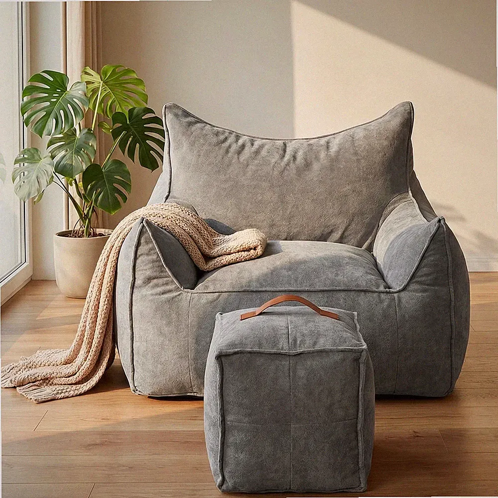 Sitzsack Sessel sofa mit Hocker für Erwachsene Flauschiger Cord Stoff Dunkelgrau
