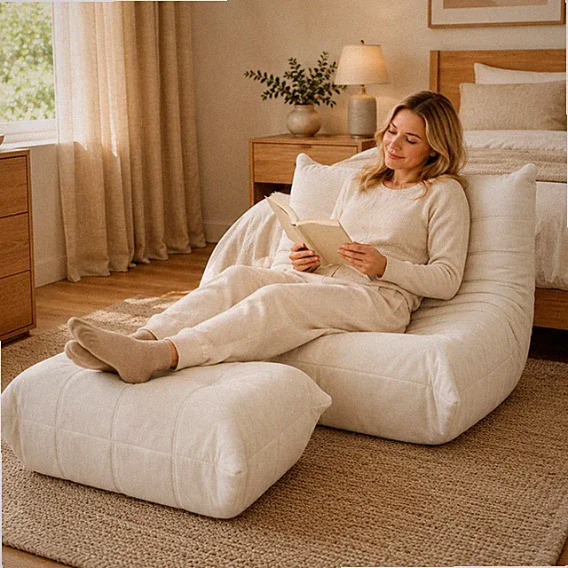 Sitzsack Sofa Bodensofa, Bodenstuhl mit Hocker, Lazy Sofa Lammwolle, Liegesessel