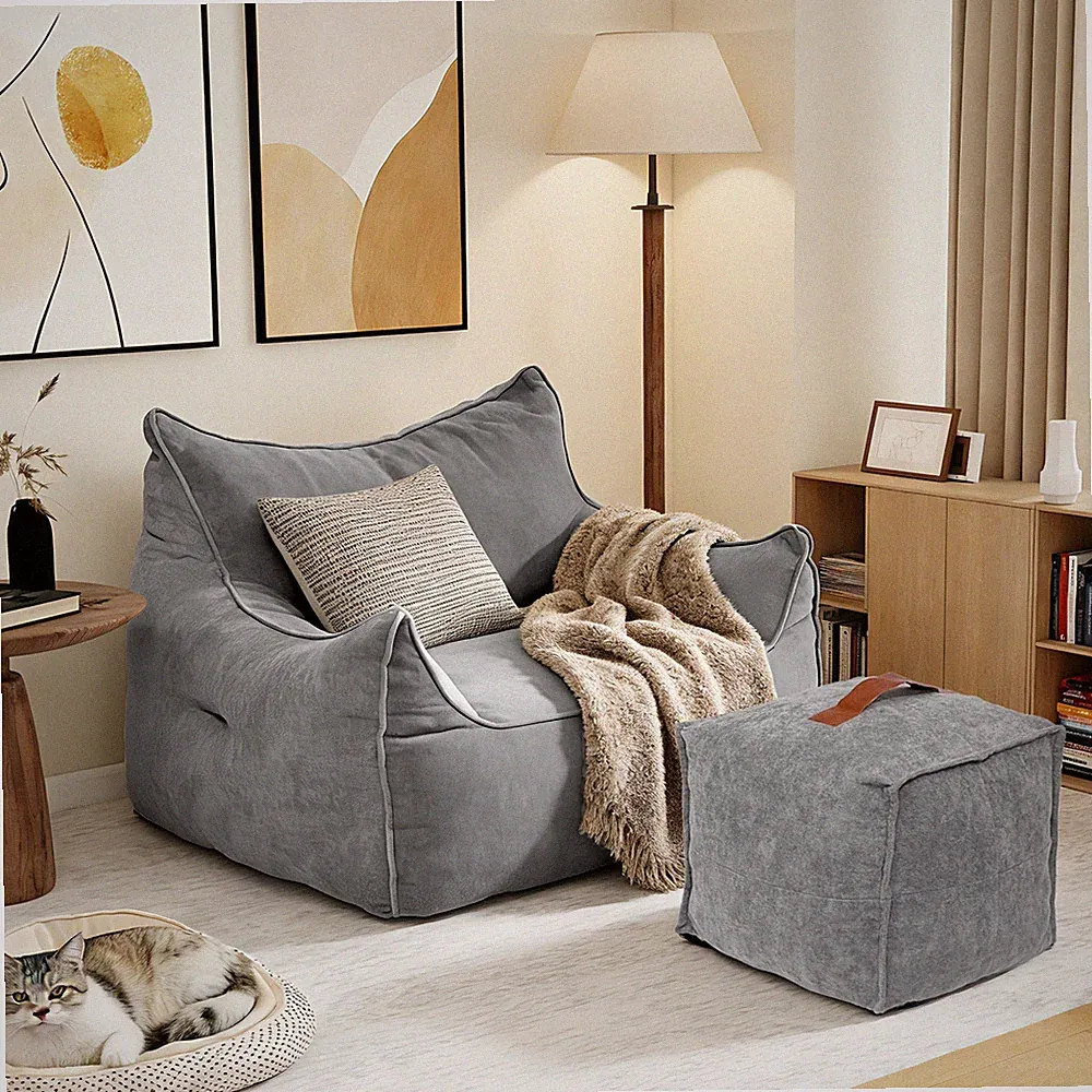 Sitzsack Sofa Sessel mit Hocker Flauschiger Cord Stoff Dunkelgrau