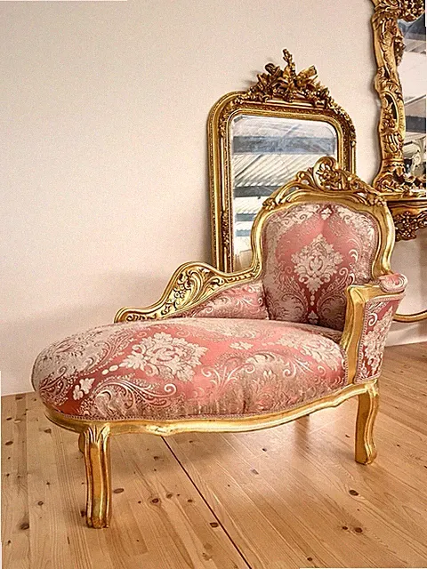 Small Chaise Longue Velvet Pink Floral French Louis Baroque Style Handmade Bench