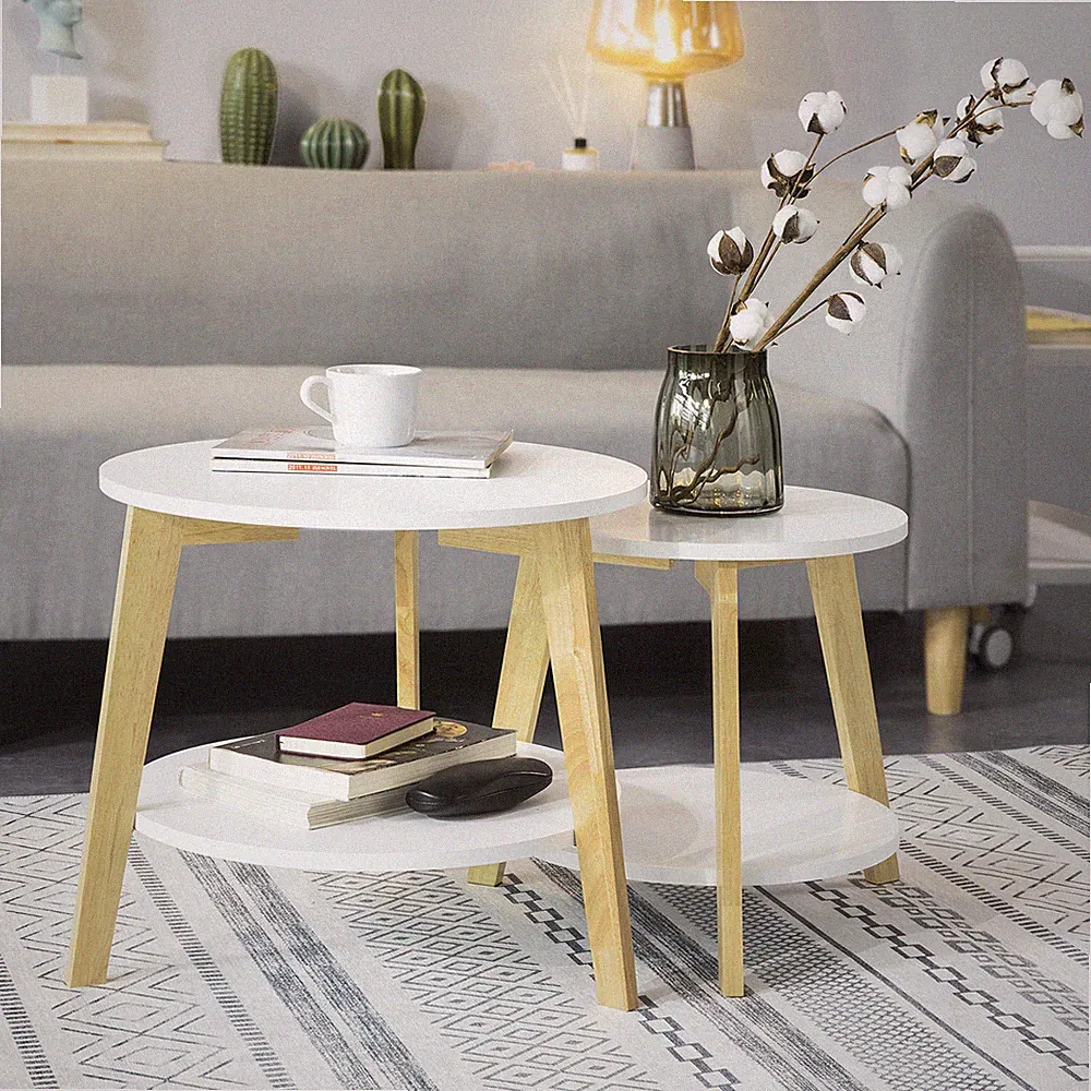 B-Waren 2er Set Beistelltisch mit runden Ablagen Couchtisch FBT75-W-bwaren