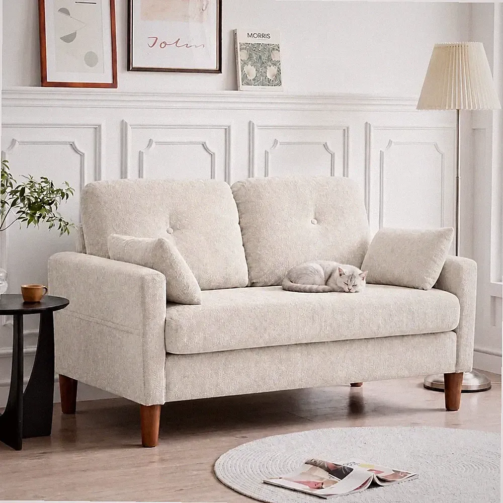 Sofa 2 Sitzer kleine 120 cm Couch mit Sherpa-Fleece-Optik Cremeweiß 2 Kissen