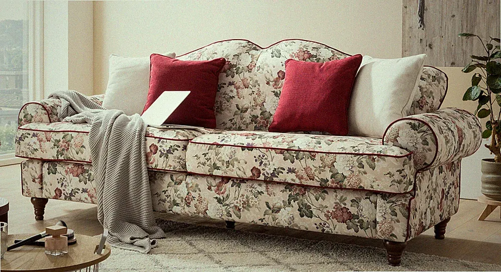 Sofa 3,5-Sitzer creme mit Blumen Design Landhaus Couch Loungesofa 228 cm Elita